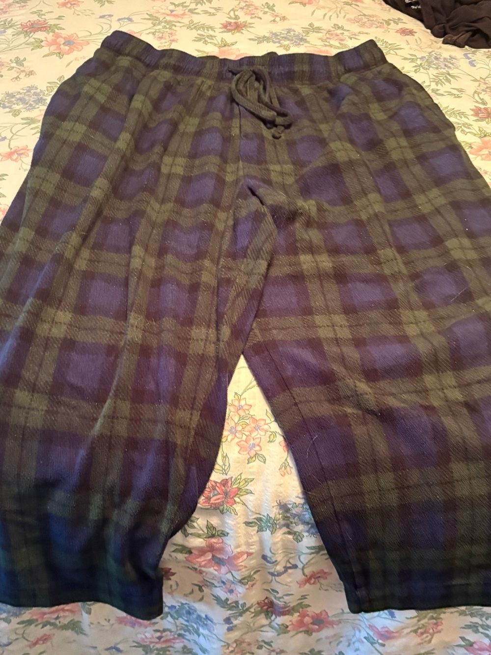 Men's Green and Blue Plaid Fleece Pajama Bottoms with Drawstring Waist